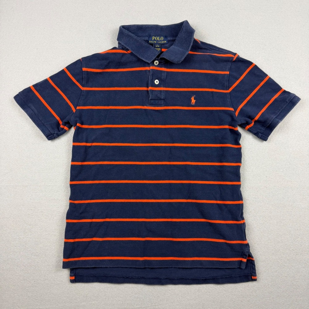Polo Ralph Lauren Kids L 14-16 Navy Orange Striped Short Sleeve Polo Shirt